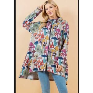 L.A. Soul mushroom print whimsical high low cowl neck full zip tunic sweater